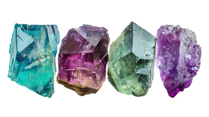 Fluorite digital art in 3D, showcasing vibrant green, purple, and blue gemstones isolated on a transparent background. Ideal decorative design element for jewelry and holistic wellness concepts.