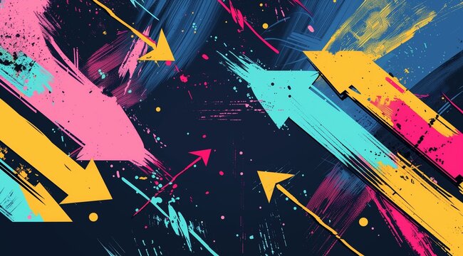 Abstract background with dynamic arrows and paint splashes. The design features a vibrant clash of colors including blue, pink, yellow, and teal, creating a sense of energy and movement.