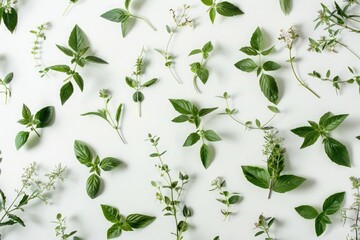 Delicate abstract herb motifs, inspired by fragrant basil and aromatic mint, adorn a pristine white backdrop, infusing the scene with the essence of culinary freshness and flavor. - obrazy, fototapety, plakaty