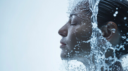 Close-up of a serene woman's face with water splash around her. Skincare and SPA concept.