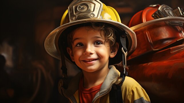 a boy wearing a firefighter helmet