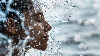 Fototapeta na wymiar Close-up of a serene woman's face with water splash around her. Skincare and SPA concept.