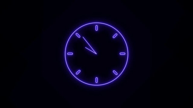  Clock icon neon light blue color animation. analogue style digital animated clock blue circle neon. Black background 4k video. clock with 24 hours running time.

