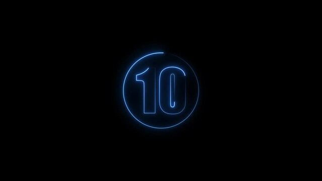 Abstract neon glowing countdown timer from 15 to 0 seconds and royal blue circle animation. Black background 4k video.
