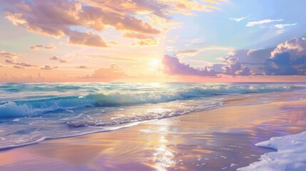 Beach sunset, sky ablaze with color, waves gently lap - obrazy, fototapety, plakaty