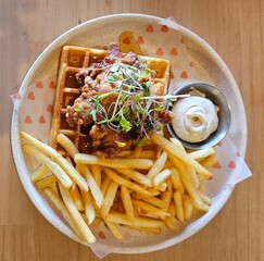 karaage chicken on waffle with fries and Mayo - obrazy, fototapety, plakaty