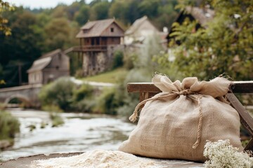 Vintage sack of flour and ears of grain, against a vintage countryside backdrop. Eco concept. Rural...