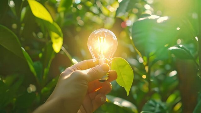 Hand holding a light bulb near the plant