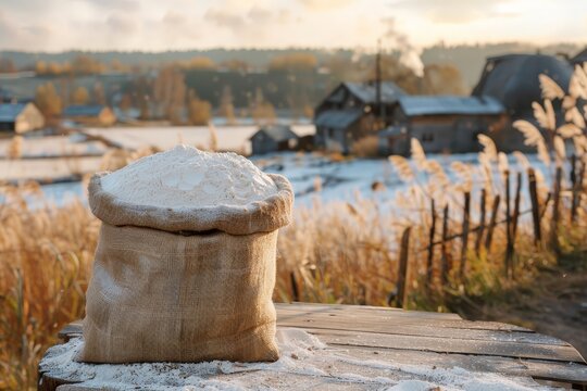 Vintage sack of flour and ears of grain, against a vintage countryside backdrop. Eco concept. Rural lifestyle. Farming. For banners, posters, postcards. Place for text. Layout, Mockup.