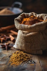 Spice bag of turmeric and cinnamon against a vintage rustic background. Ecological concept. Rural lifestyle. Farming. For banners, posters, postcards. Space for text. Layout, layout.
