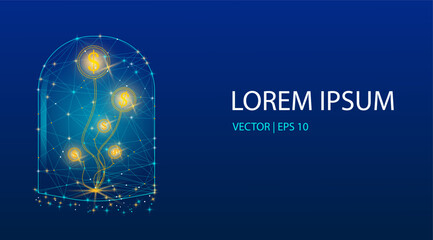 Money tree in a glass jar financial grow, Invesment saving money, passive income concepts on blue background. 