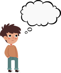 A boy stands and thinks reflected by a cloud flying above him. Vector illustration. Technology, robots, boy.