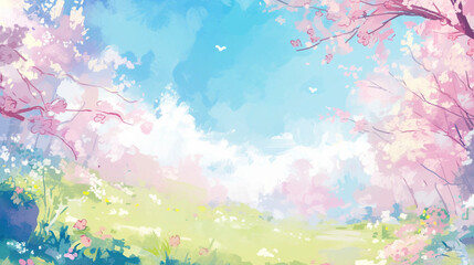 Fototapeta na wymiar 桜が咲いた春の風景イラスト　Generative AI
