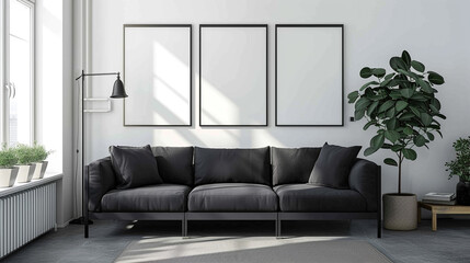 Fototapeta na wymiar A high-definition image showcasing the beauty of Nordic design in a lounge, featuring a black couch and white frames, creating an uncluttered and inspiring space for creativity.