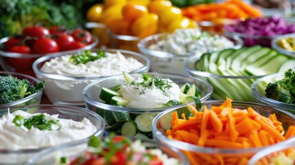 Assorted Raw Vegetables and Dip. Freshness and Healthy Food for Party Catering. Closeup of Vegetables Cut and Ready to Eat - obrazy, fototapety, plakaty