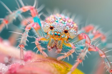 A close-up of a colorful jumping spider perched on a bright pink leaf. The spider has eight legs and two large eyes.