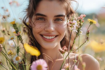 portrait of happy woman in flowers outdoors. ai generated