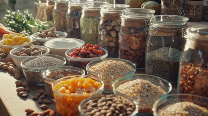 Obraz premium Assorted high protein health food with grains, vegetables, dried fruit, almond yoghurt, supplement powders, 