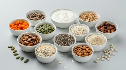 Assorted high protein health food with grains, vegetables, dried fruit, almond yoghurt, supplement powders, 