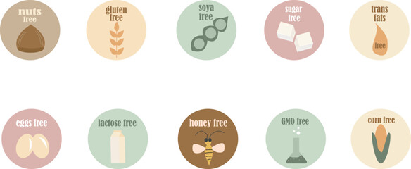 Set of vector icons of common allergens (gluten, lactose, eggs, peanut), sugar free and GMO free labels. Round stickers with food intolerance symbols for product packaging