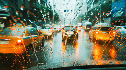 Rain-soaked windscreen view of a city street with blurred traffic and glowing headlights, capturing a dreary urban rainy day.