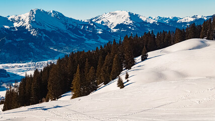 Fototapeta na wymiar Alpine winter view at Mount Fuessener Joechle, Graen, Reutte, Tyrol, Austria