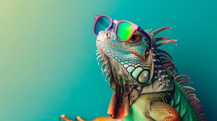 Stylized iguana wearing rainbow sunglasses, vibrant teal backdrop