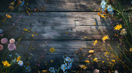 Wildflowers on a wooden plank countertop. Flatlay. Copyspace. Generated by artificial intelligence.