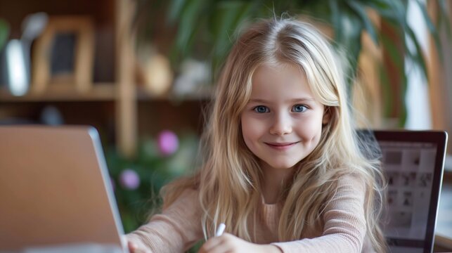 Blond girl smiling while using a laptop on a desk. Concept of elementary age, homework and education