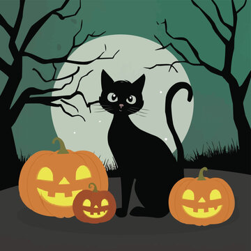 halloween black cat of the Window with two Halloween pumpkin 