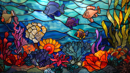 Underwater Symphony: A Stained Glass Depiction of Maldivian Corals