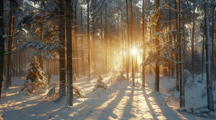Winter wonderland, golden sunrise through a snow-dusted pine forest