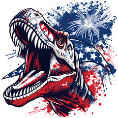 patriotic T-Rex with fireworks themed t-shirt design, logo with a white background