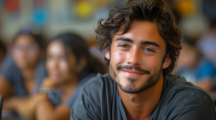 Latino male college student sitting a classroom smiling, student study in class, with copy space, Educational environment and student life concept