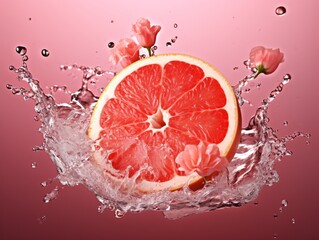 a grapefruit with flowers and water splashing