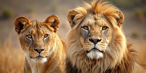 Lion and lioness (Panthera leo). AI generated