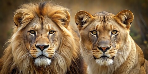 Lion and lioness (Panthera leo). AI generated