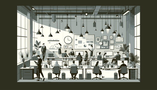 Image concept of an innovative workspace for creative professionals. Vector illustration.