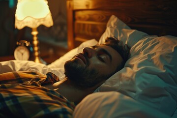 Man is sleeping on bed with clock on nightstand