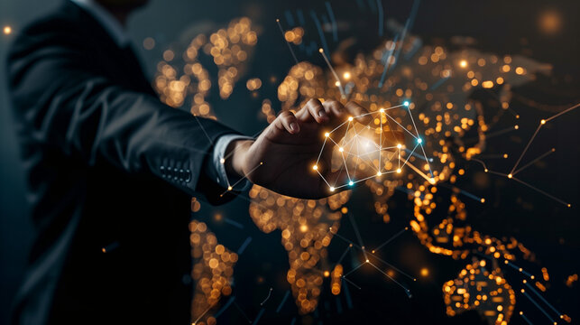 Businessman touches the software development icon on the structure of the global network. This pivotal interaction secures the business, ensures the smooth functioning of the globally connected system