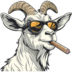 head of a goat. Illustration in a cartoonish vector format featuring a goat smoking a cigar and sporting sunglasses.