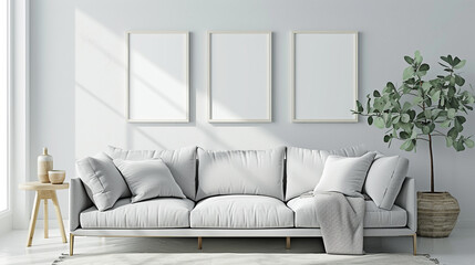 A high-definition view of a Nordic-themed lounge with a light gray couch and white frames, setting the stage for a serene and inviting space designed for artistic innovation. - obrazy, fototapety, plakaty
