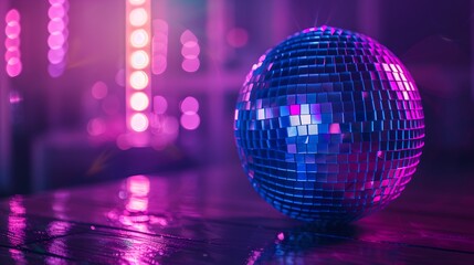 Fototapeta premium Glittering Disco Ball in a Neon-Lit Room Sets the Party Mood. Festive Atmosphere with Vibrant Lights, Ideal for Celebrations and Events. AI