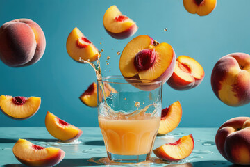 Diet and nutrition concept. Freshly squeezed organic peach juice in glass and fresh fruits with leaves on light blue background.