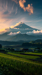 Breathtaking Sunset View in Aso-san Volcano: The Rustic Charm of Kyushu's Scenic Landscapes - obrazy, fototapety, plakaty