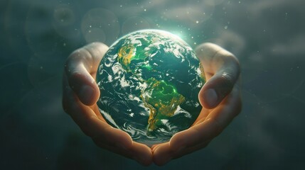 Hands holding circular globe of Earth, containing information and data, in luminous 3D model style. 