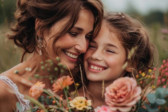 Mother and daughter smiling and hugging. Family holiday and togetherness. ai generated