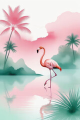 Fototapeta premium Summer landscape with flamingo in minimalistic style in water color painting.