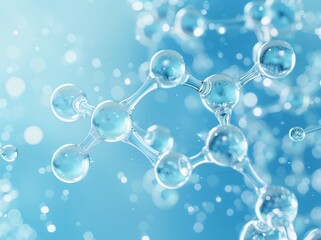 Blue background with an abstract chemical structure of molecules and spheres, symbolizing science or medical research