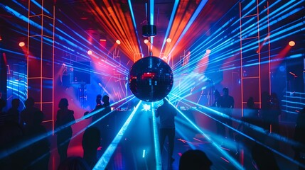 Vibrant Nightclub Scene with Glowing Disco Ball, Lights, and Dance Atmosphere. Perfect for Party Flyers. AI
